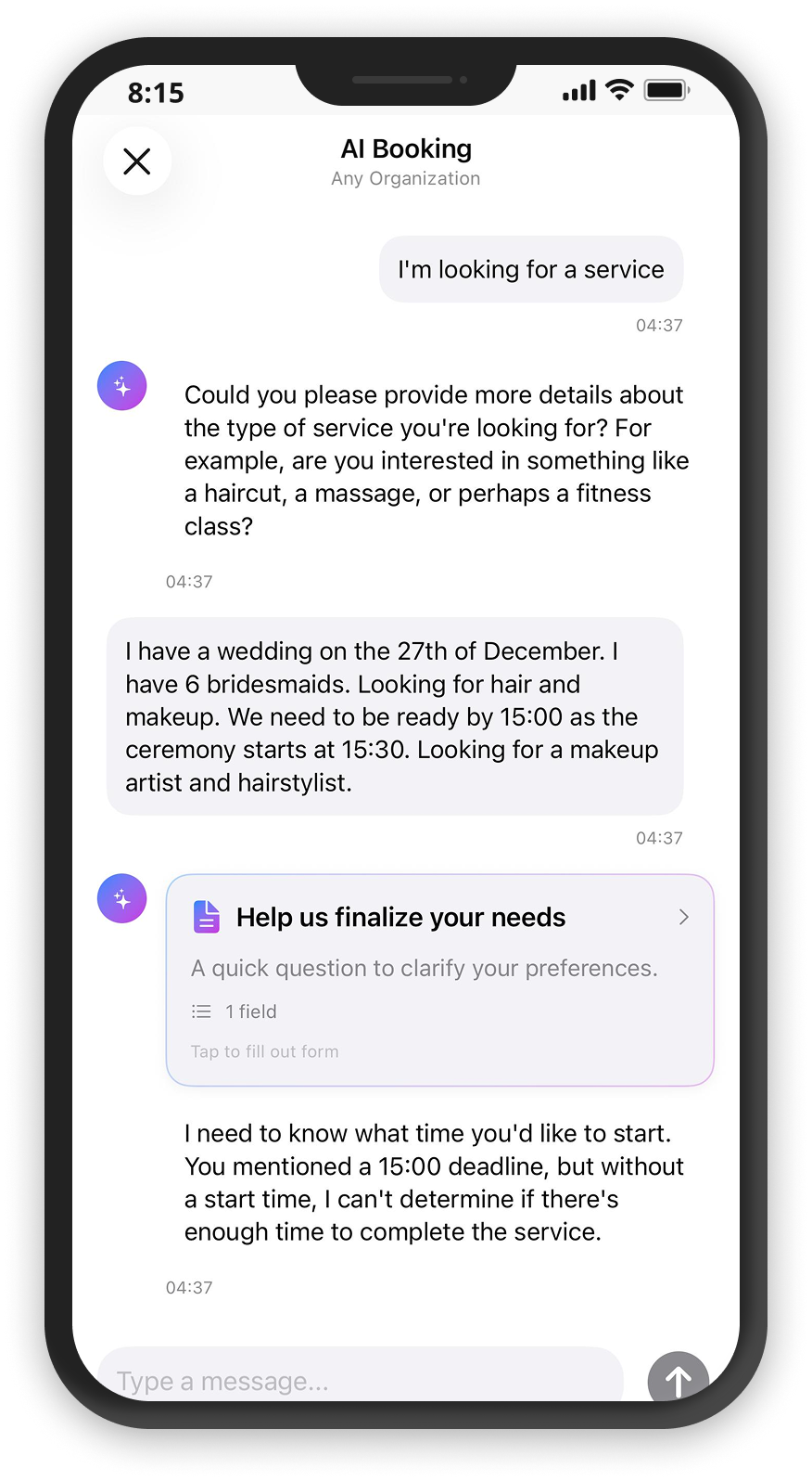 AI-powered booking conversation interface